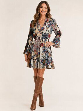 Calvin Klein Patchwork Boho Floral V-Neck Dress 2 Fall Teacher Fit Flare